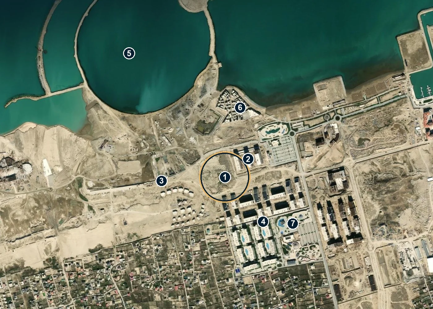 1 — метка Renessans Residences, 2 — Harbour Residence, 3 — Sabah Towers, 4 — Park Residences 2, 5 — залив Halfmoon, 6 — Venetian Harbour, 7 — аквапарк