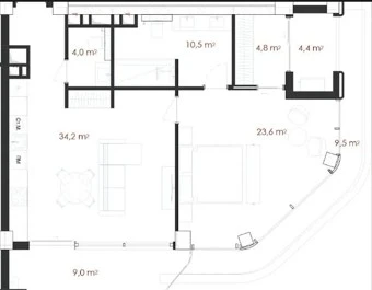 Планировка 2-комнатной квартиры: гостиная 34,2 м², спальня 23,6 м², лоджия 9,0 м²